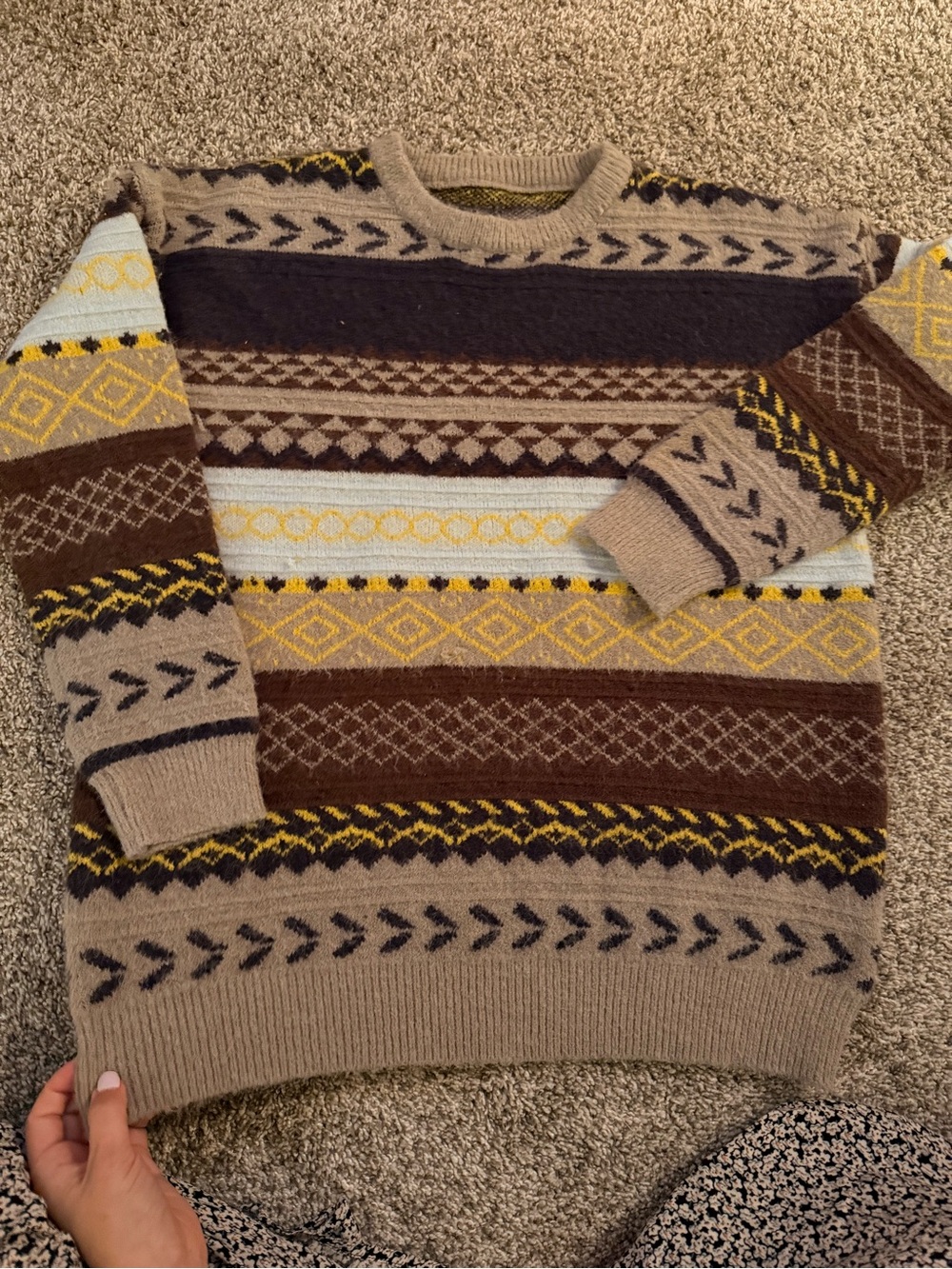Women's Patterned Crewneck Sweater in Beige, Brown & Yellow